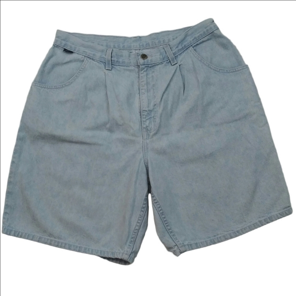 Chic Vintage Blue Light Wash High Rise Button Zipper Pleated Front Jean Short